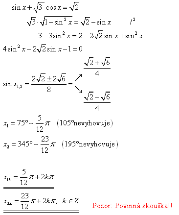 příklad z písemné práce na goniometrické rovnice