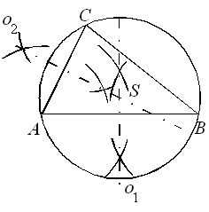 Jak sestrojit kružnici opsanou trojúhelníku ABC – krok 4.