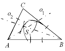 Jak sestrojit kružnici vepsanou trojúhelníku ABC – krok 3.
